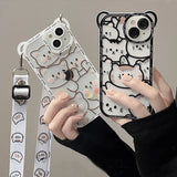 Cute Bear With Lanyard Phone Case For iPhone 16 15 14 Pro Max Plus Cartoon Cat Soft TPU Cover Bumper