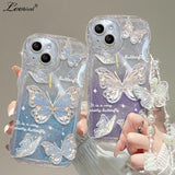 Glitter Butterfly Gradient Lanyard Case For iPhone 15 16 Pro Max Plus Hand Wrist Chain Soft Wave Cover