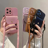 Crossbody Card Slot Bag Holder Case For iphone 14 15 16 Pro Max Plus Luxury Cord Silicone Cover